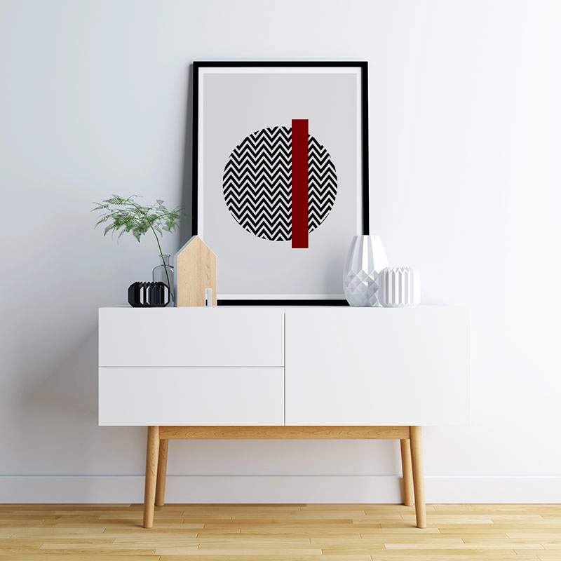 Black wave circle and dark red rectangle with grey background abstract minimalist free downloadable printable wall art, digital print