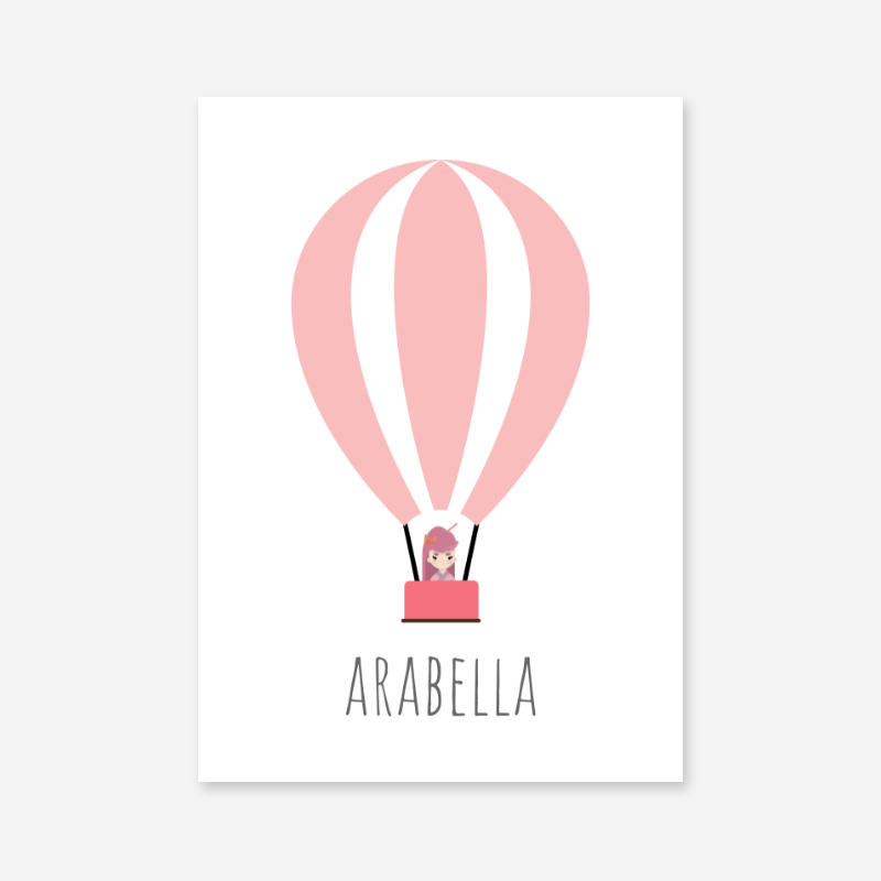 Arabella - Cute kids girls room name art print with a pink hot air balloon and a little girl in the basket