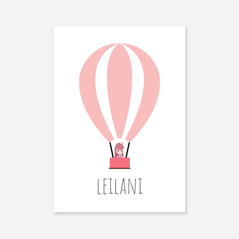 Leilani - Cute kids girls room name art print with a pink hot air balloon and a little girl in the basket