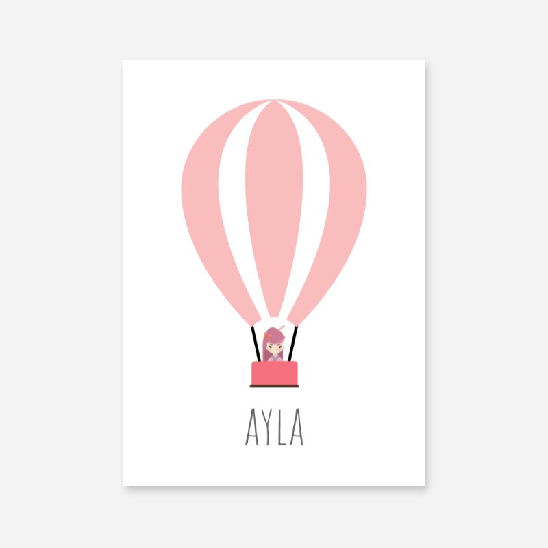 Ayla - Cute kids girls room name art print with a pink hot air balloon and a little girl in the basket