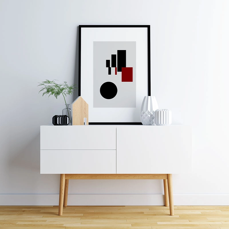 Black and red rectangles and circle with grey background abstract minimalist free downloadable printable wall art, digital print