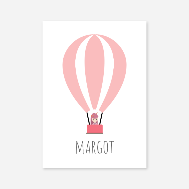 Margot - Cute kids girls room name art print with a pink hot air balloon and a little girl in the basket