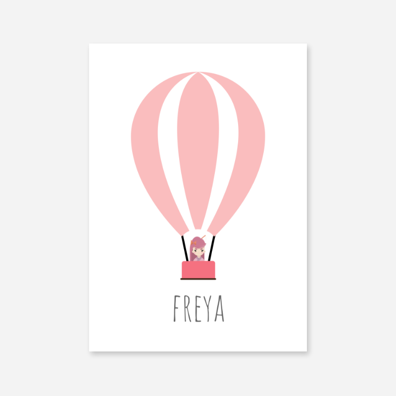 Freya - Cute kids girls room name art print with a pink hot air balloon and a little girl in the basket