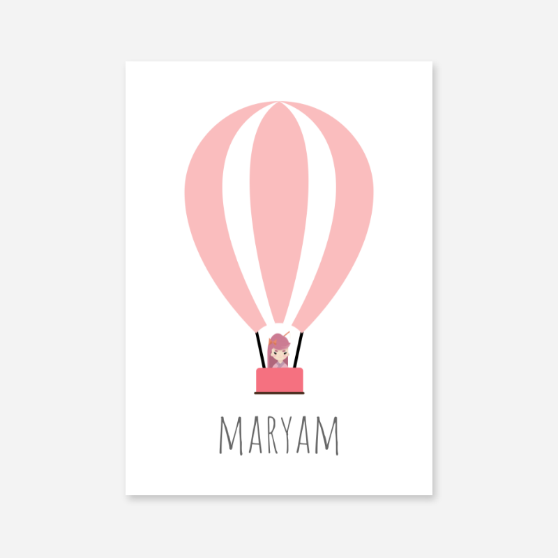 Maryam - Cute kids girls room name art print with a pink hot air balloon and a little girl in the basket