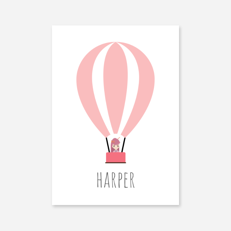 Harper - Cute kids girls room name art print with a pink hot air balloon and a little girl in the basket