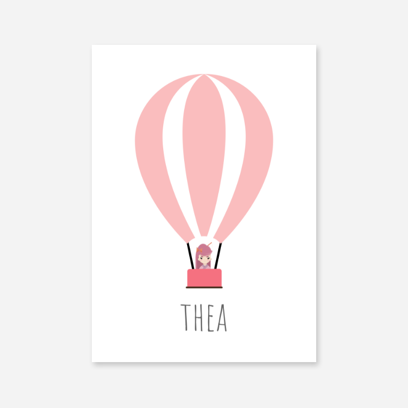 Thea - Cute kids girls room name art print with a pink hot air balloon and a little girl in the basket