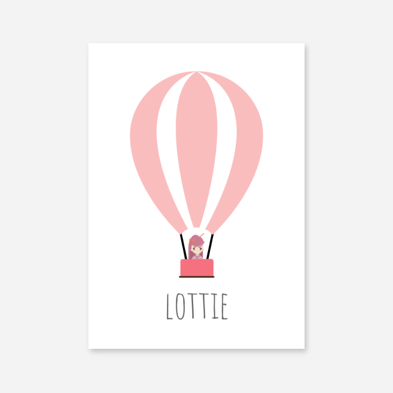 Lottie - Cute kids girls room name art print with a pink hot air balloon and a little girl in the basket