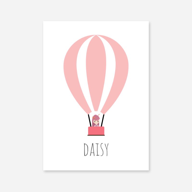 Daisy - Cute kids girls room name art print with a pink hot air balloon and a little girl in the basket