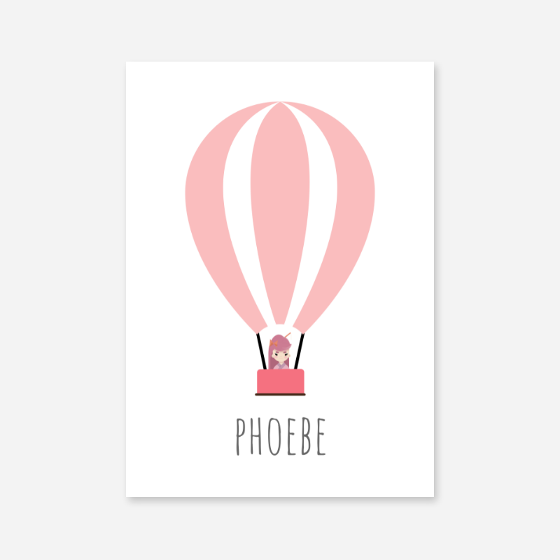 Phoebe - Cute kids girls room name art print with a pink hot air balloon and a little girl in the basket