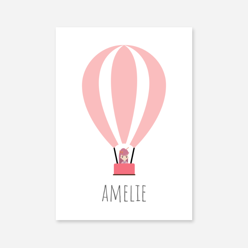 Amelie - Cute kids girls room name art print with a pink hot air balloon and a little girl in the basket