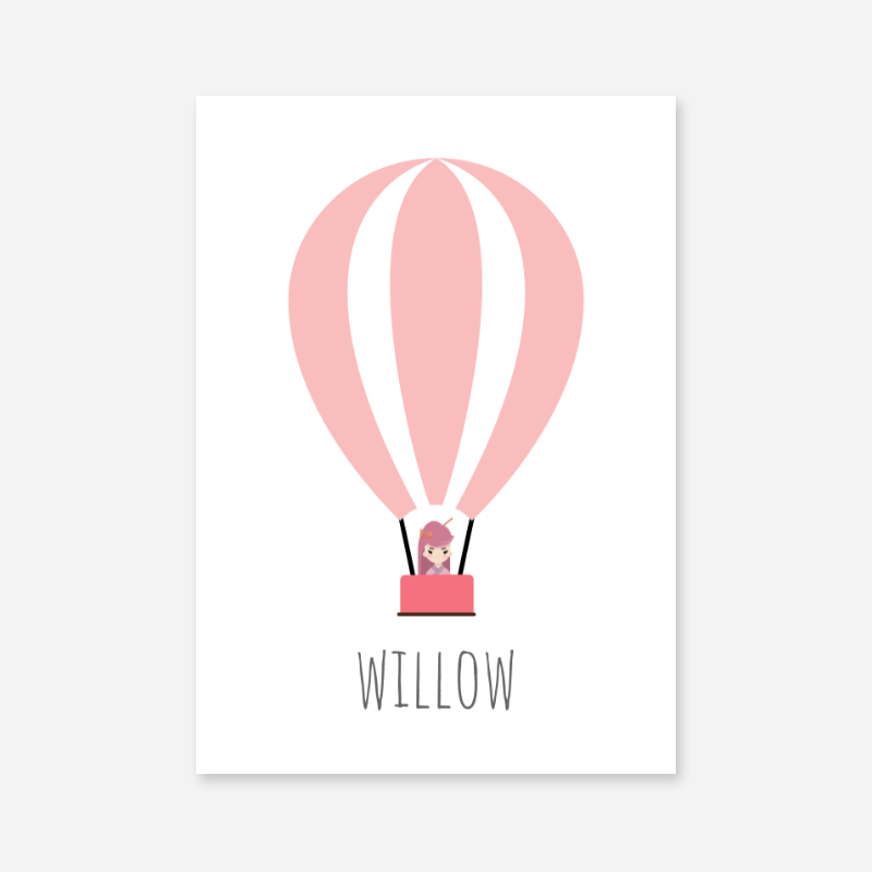 Willow - Cute kids girls room name art print with a pink hot air balloon and a little girl in the basket