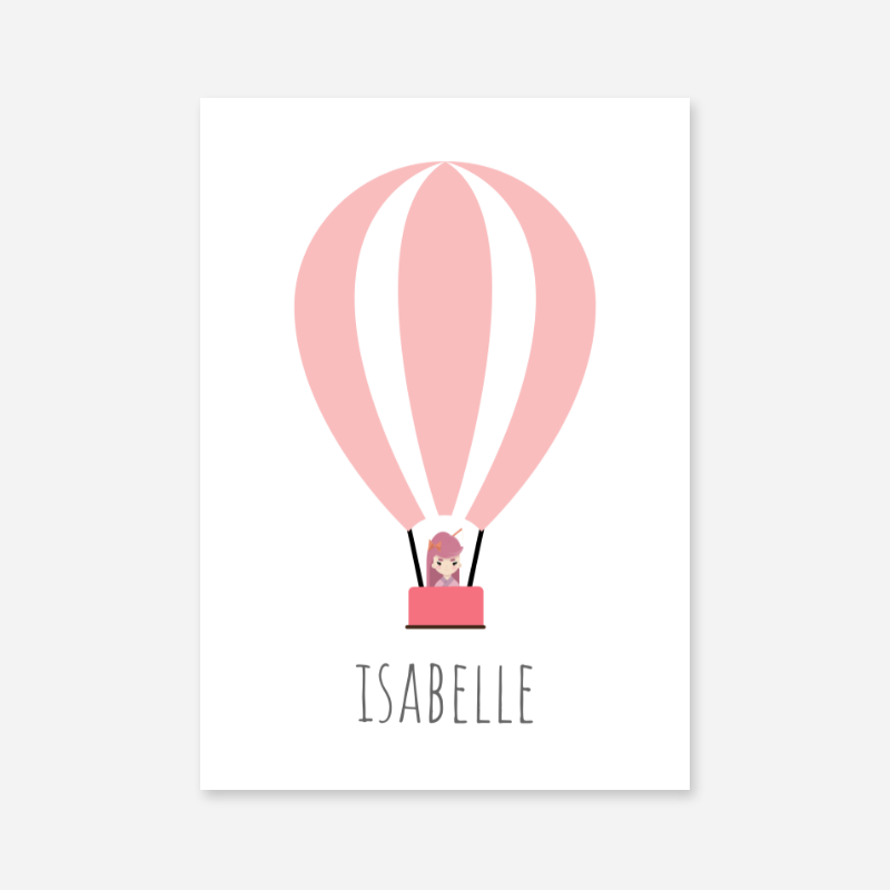 Isabelle - Cute kids girls room name art print with a pink hot air balloon and a little girl in the basket