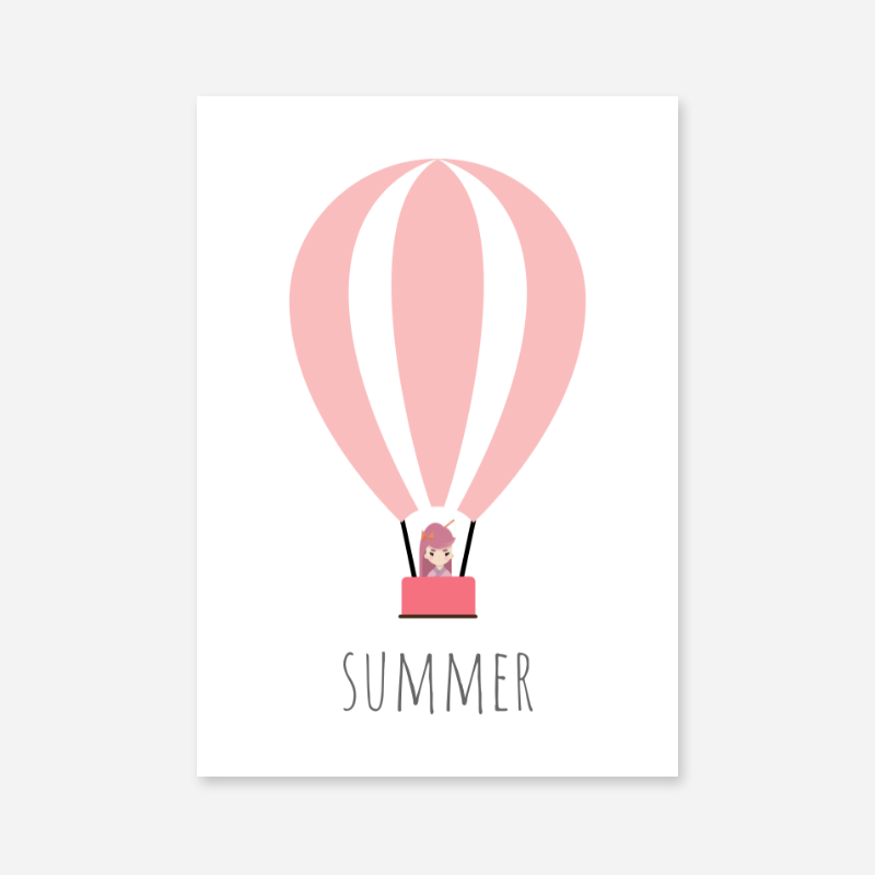Summer - Cute kids girls room name art print with a pink hot air balloon and a little girl in the basket