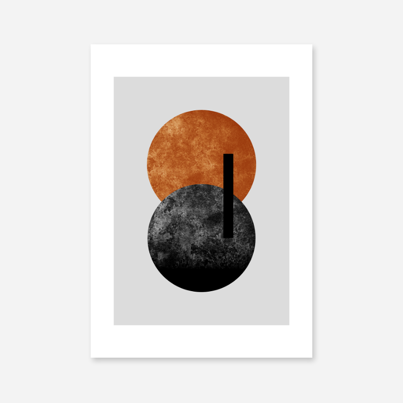 Between two moons minimalist dark orange and black full circle grey background minimalist printable art print