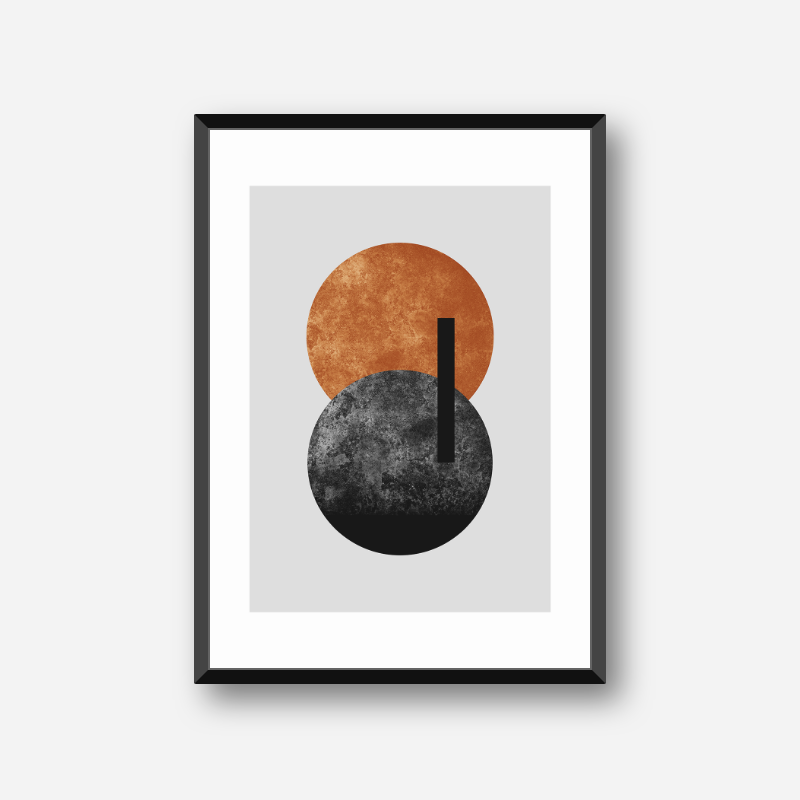Between two moons minimalist dark orange and black full circle grey background minimalist printable art print