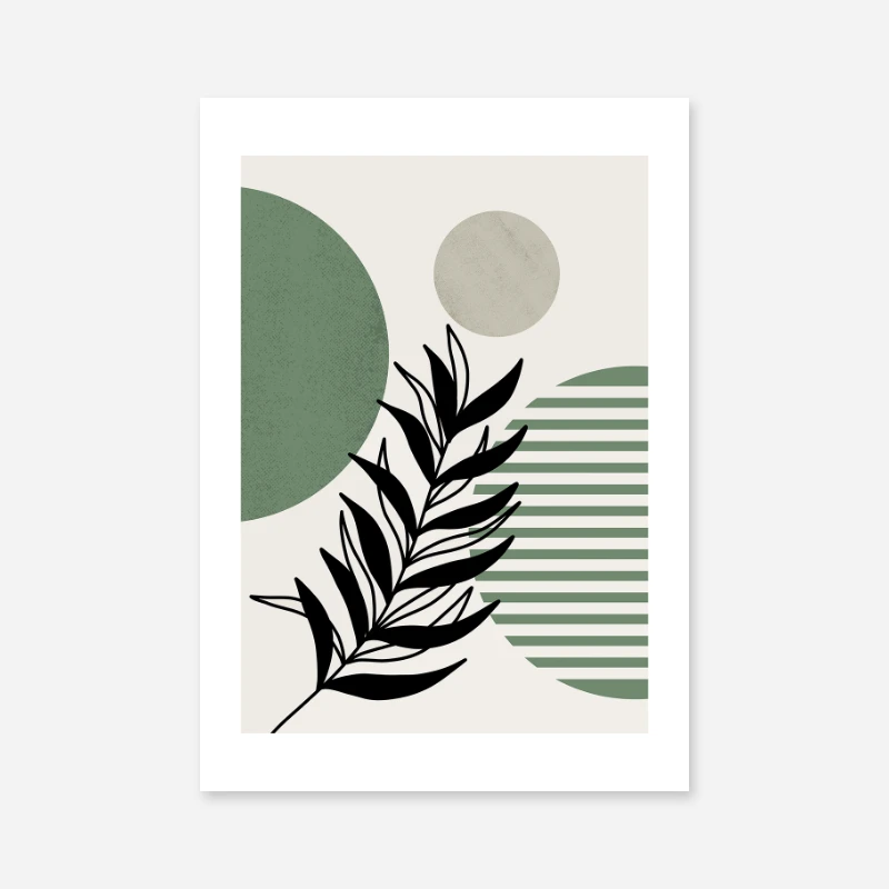 Leaves and geometric forms mid-century boho abstract design in shades of green and beige and black free digital art print