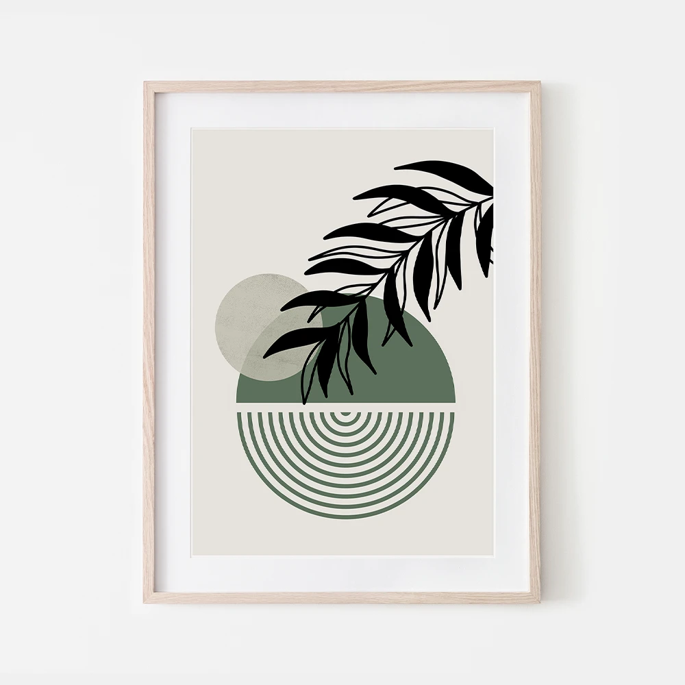 Black botanical leaves and geometric forms boho abstract design in green and beige free downloadable art print