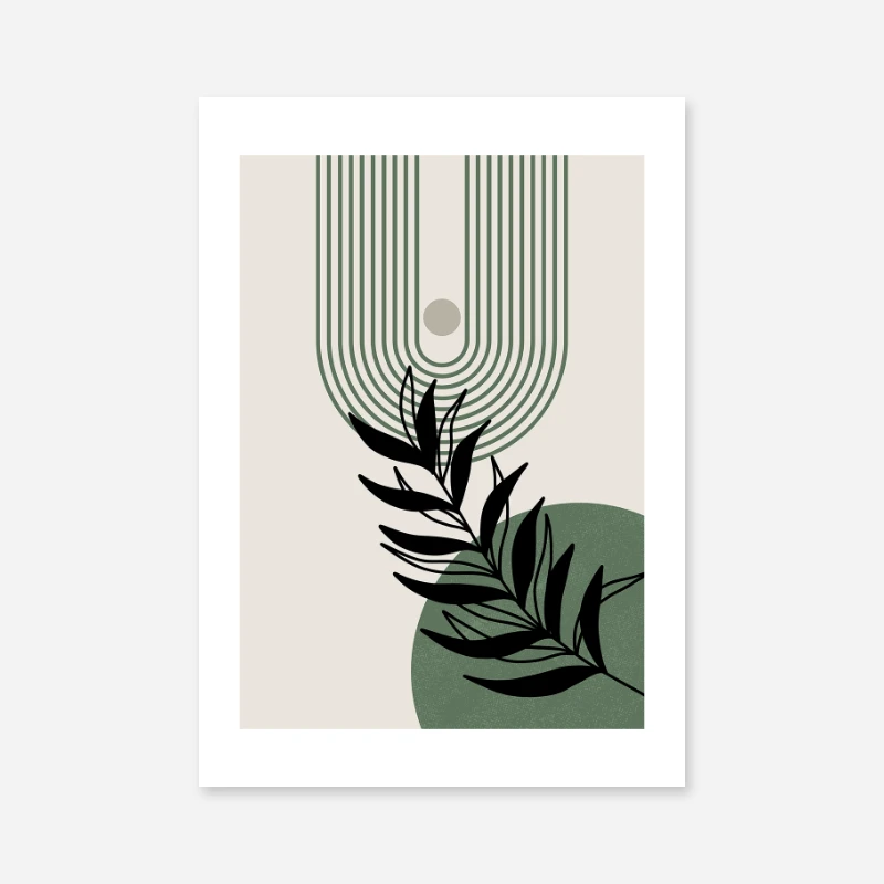 Black leaves with shades of green and beige mid-century geometric boho art print to download free and print at home