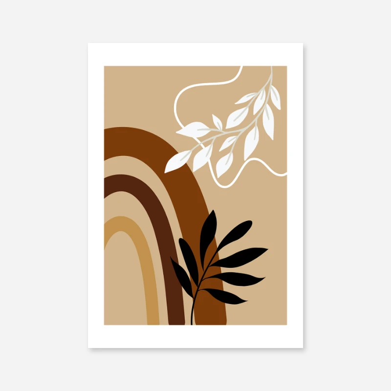 Boho rainbow and leaves shades of brown white green abstract minimalist artwork art print set of two