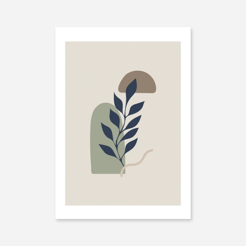 Dark blue botanical leaves and abstract shapes in light green and brown free wall art print to download