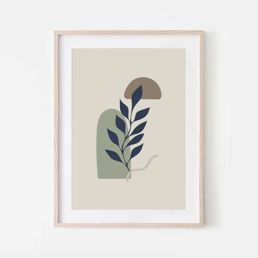 Dark blue botanical leaves and abstract shapes in light green and brown free wall art print to download