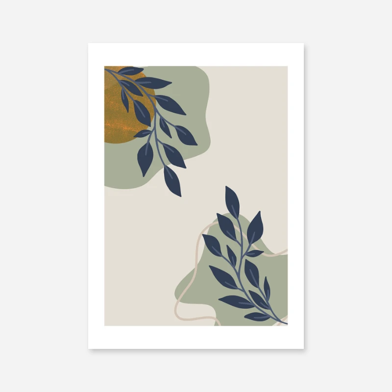 Abstract wiggly leafy minimalist art print with shades of green and blueish green colours and beige neutral background