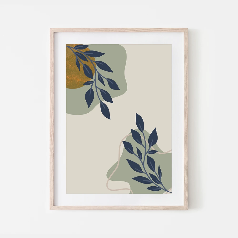 Abstract wiggly leafy minimalist art print with shades of green and blueish green colours and beige neutral background